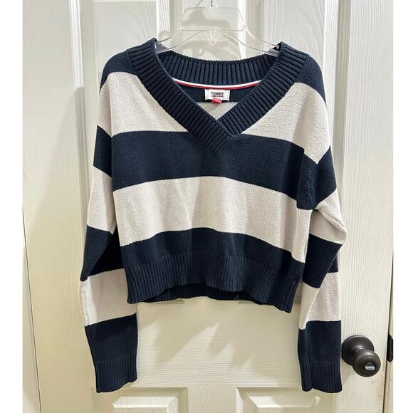 Tommy Jeans Navy & White Striped V-neck Cropped Pullover Knit Sweater XS/S EUC - Picture 2 of 8